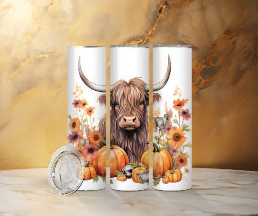 Highland Cow and Pumpkins 20oz Skinny Tumbler