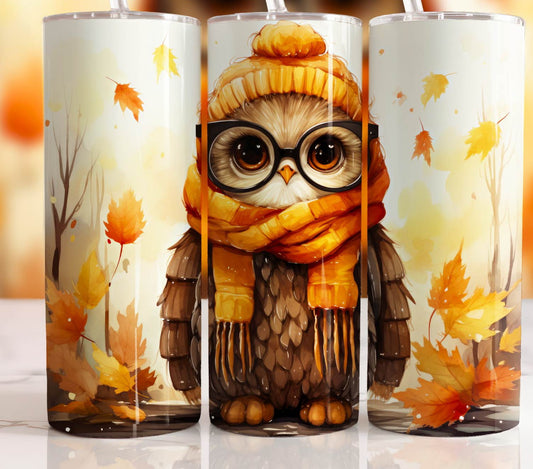 Owl and Falling Leaves 20oz Skinny Tumbler